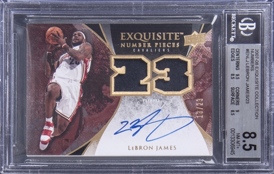 2007-08 UD "Exquisite Collection" Number Pieces #EN-LJ LeBron James Signed Game Used Patch Card (#13/23) – BGS NM-MT+ 8.5/BGS 10